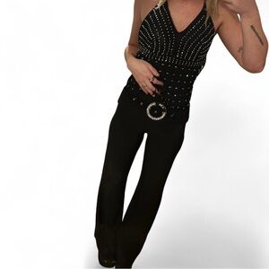 Vintage Y2K 70s beaded fringe halter flared leg jumpsuit with rhinestone belt